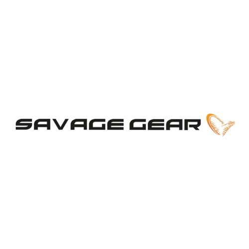 Savage Gear logo featuring sleek black lettering accompanied by an orange fish skeleton icon, representing a brand renowned for high-performance fishing lures, rods, and accessories designed for predator fishing