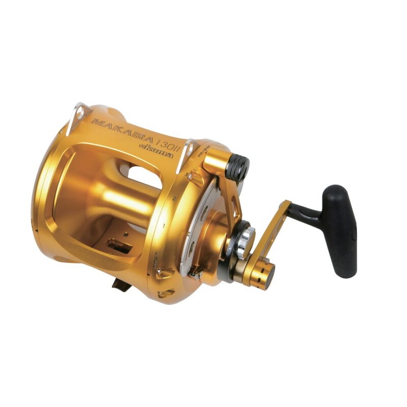 OKUMA Makaira Lever Drag Two Speed 130II fishing reel in gold finish, featuring a durable handle and precision engineering for big game fishing.