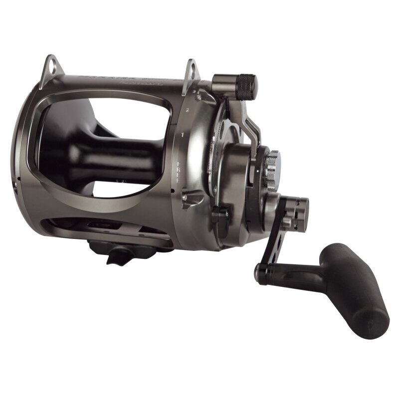 OKUMA Makaira Sea Two Speed Lever Drag 80WII fishing reel with durable metal construction, ergonomic handle, and precision drag system.