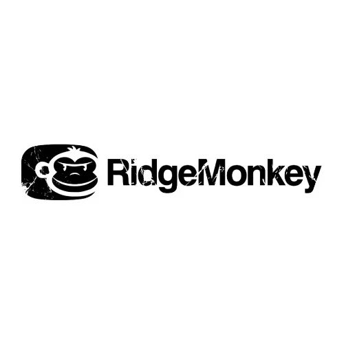 RidgeMonkey logo featuring a bold black monkey face icon next to the brand name in distressed black lettering, representing a company known for innovative and practical fishing and outdoor equipment.