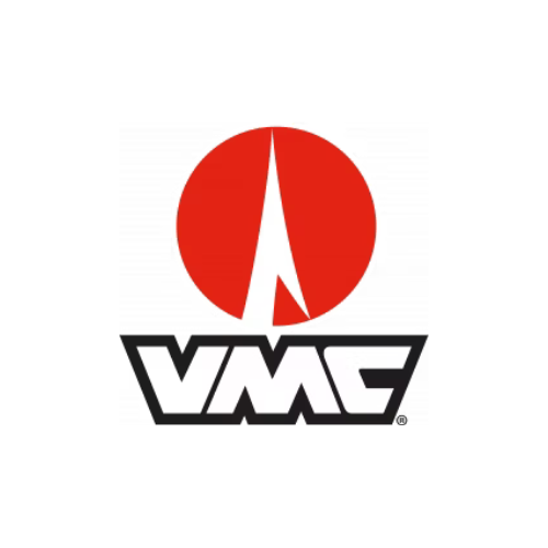 VMC logo featuring a bold red circle with a sharp white triangle inside, resembling a fish hook, above the letters 'VMC' in black with a strong, modern font
