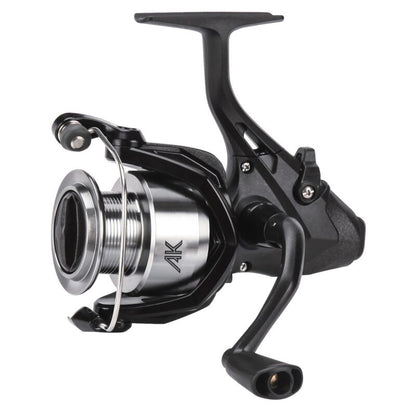 OKUMA AK Baitfeeder Spin 5000 fishing reel with a sleek black and silver design, featuring a durable handle and smooth spinning mechanism.