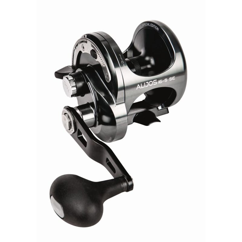 OKUMA Alijos 16II Trolling 2 Speed RH fishing reel with a sleek black design, ergonomic handle, and durable construction for saltwater fishing.