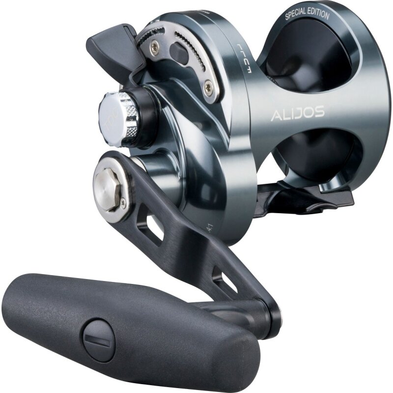 OKUMA Alijos 5 NII Jigging 2 Speed RH fishing reel with ergonomic handle, sleek metallic finish, and durable construction for saltwater fishing.