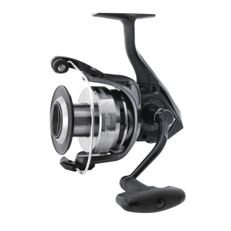 OKUMA Altera Spin 55 fishing reel with sleek black and silver design, ergonomic handle, and durable construction for freshwater and saltwater use.