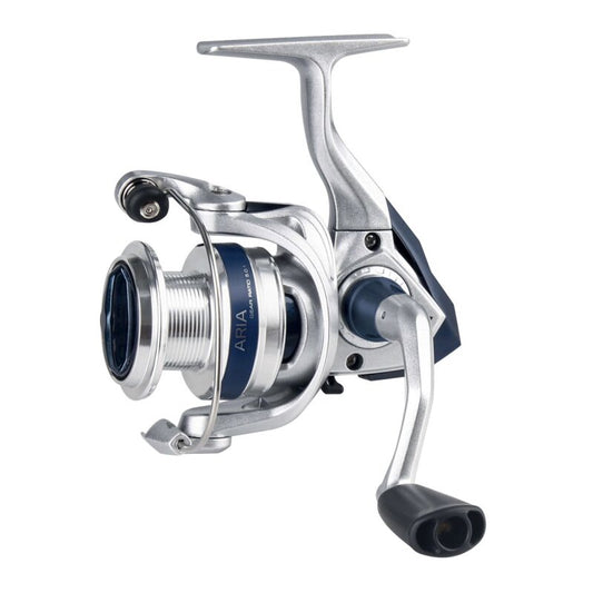 OKUMA Aria 'A' Spin 3000A fishing reel with a sleek silver and blue design, featuring a durable handle and smooth spool for efficient spinning.