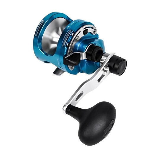 OKUMA Cavalla Blue Jig 2 Speed 5NII RH fishing reel with a sleek blue finish, ergonomic handle, and durable construction for saltwater fishing.