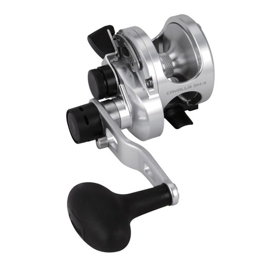 OKUMA Cavalla Lever Drag 5NII RH fishing reel with a sleek silver finish, ergonomic handle, and precision drag system for saltwater fishing.