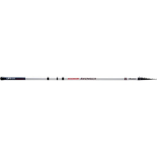 OKUMA Competition Avenger MH 6m fishing rod with a sleek white design, durable construction, and telescopic sections for versatile angling.