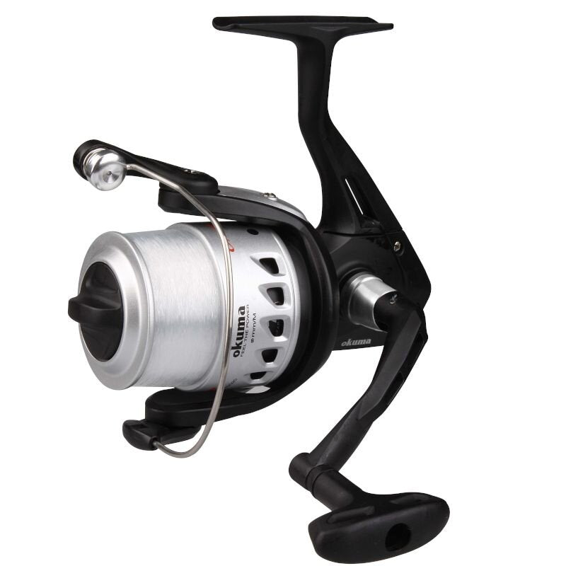 OKUMA Electron Front Drag 180 fishing reel featuring a sleek black and silver design, durable construction, and front drag system for precision control.