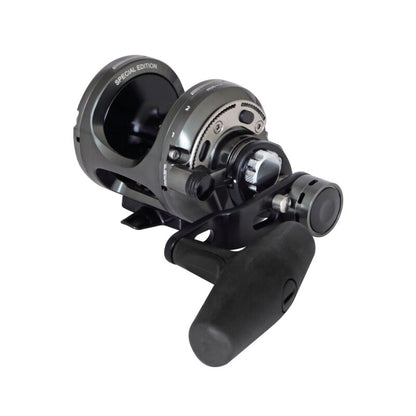 OKUMA Makaira Sea Two Speed Lever Drag 16II fishing reel with durable metal construction, ergonomic handle, and precision drag system.