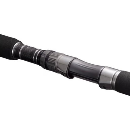 Close-up of SHIMANO Ocea Plug Flexdrive S83H fishing rod handle featuring a robust reel seat, carbon detailing, and comfortable grip for precision angling.